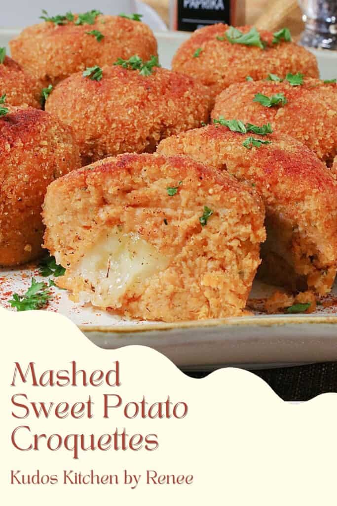 A Pinterest Pin with a title text for Mashed Sweet Potato Croquettes.