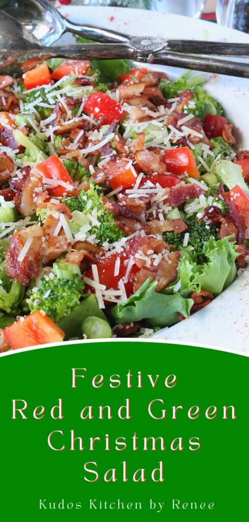 A Pinterest pin of a delicious looking red and green Christmas Salad along with a title text.