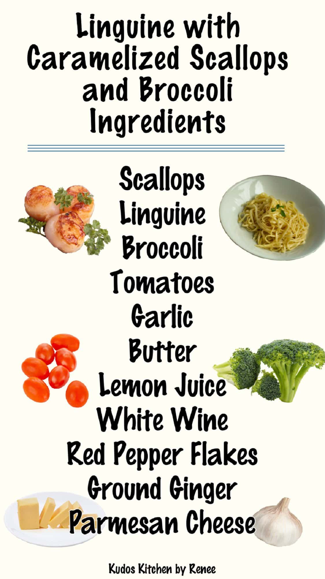 A visual ingredient list for making Scallops with broccoli, tomatoes, and linguine.
