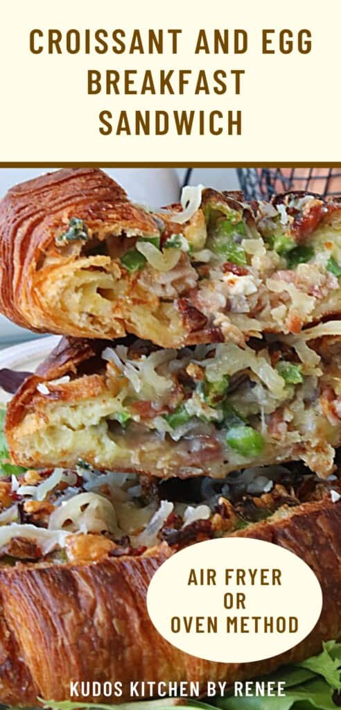 A Pinterest pin for a Croissant and Egg Breakfast Sandwich along with a title text.