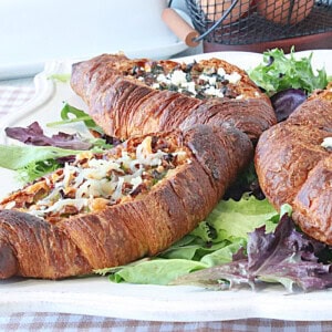 Layers of flaky godden pastry stuffed with breakfast eggs and cheese.