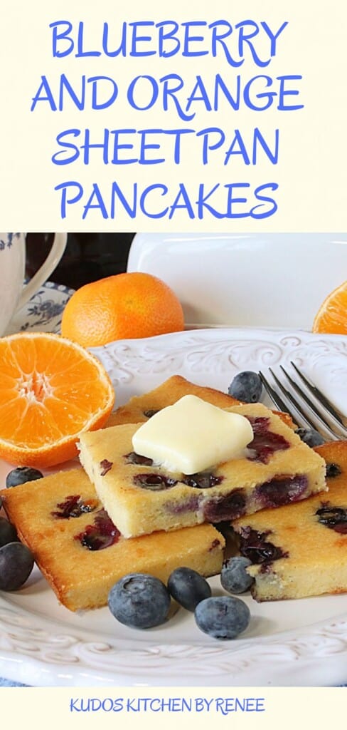 A Pinterest pin for blueberry and orange sheet pan pancakes with a title text graphic.