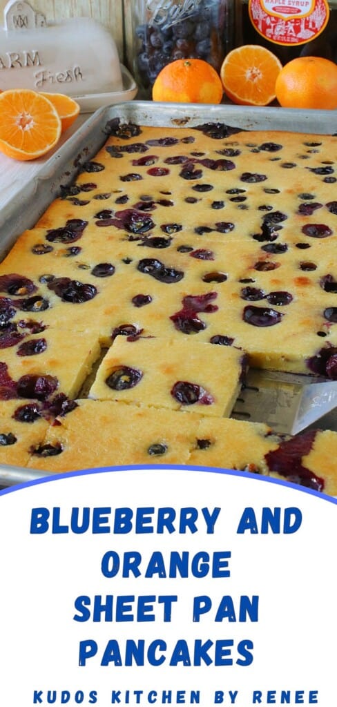 A Pinterest pin for Blueberry and Orange sheet pan pancakes along with a title text.