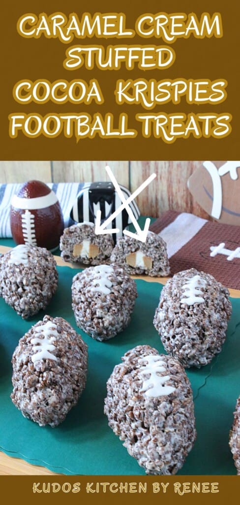 A Pinterest pin for Caramel Cream Stuffed Cocoa Krispies Football Treats.