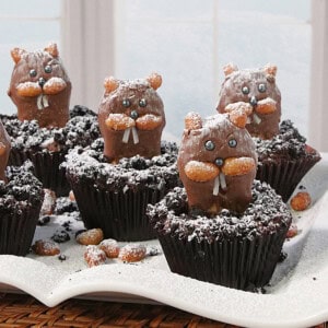 A bunch of cute groundhog cupcakes dusted with confectioners sugar on a white plate.
