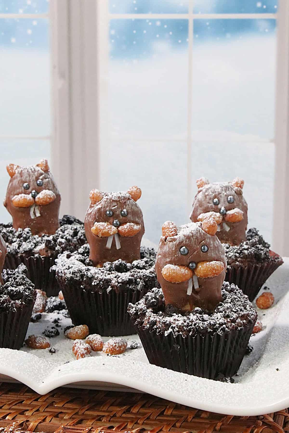A group of groundhog cupcakes on a white plate by a snowy window.
