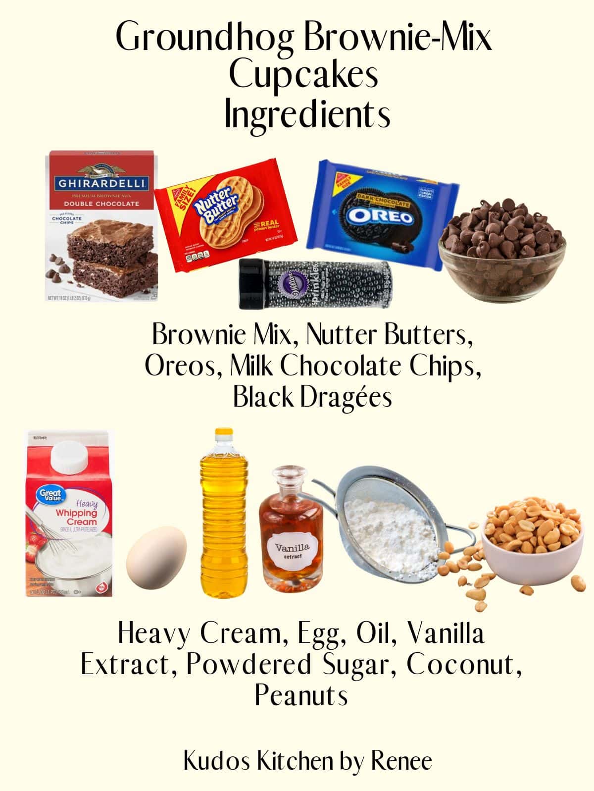 A visual ingredient list for what is needed to make groundhog brownie cupcakes.