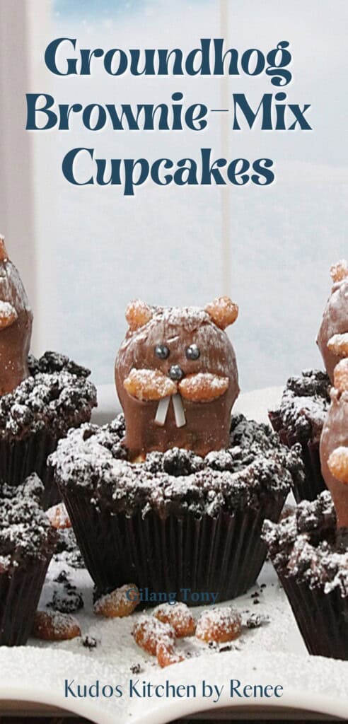 A Pinterest pin for Groundhog cupcakes along with a title text.