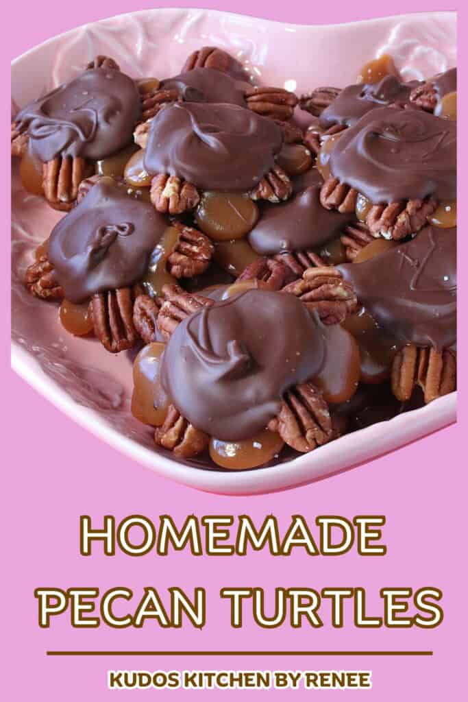 A pink Pinterest pin for Homemade Pecan Turtles along with a title text.