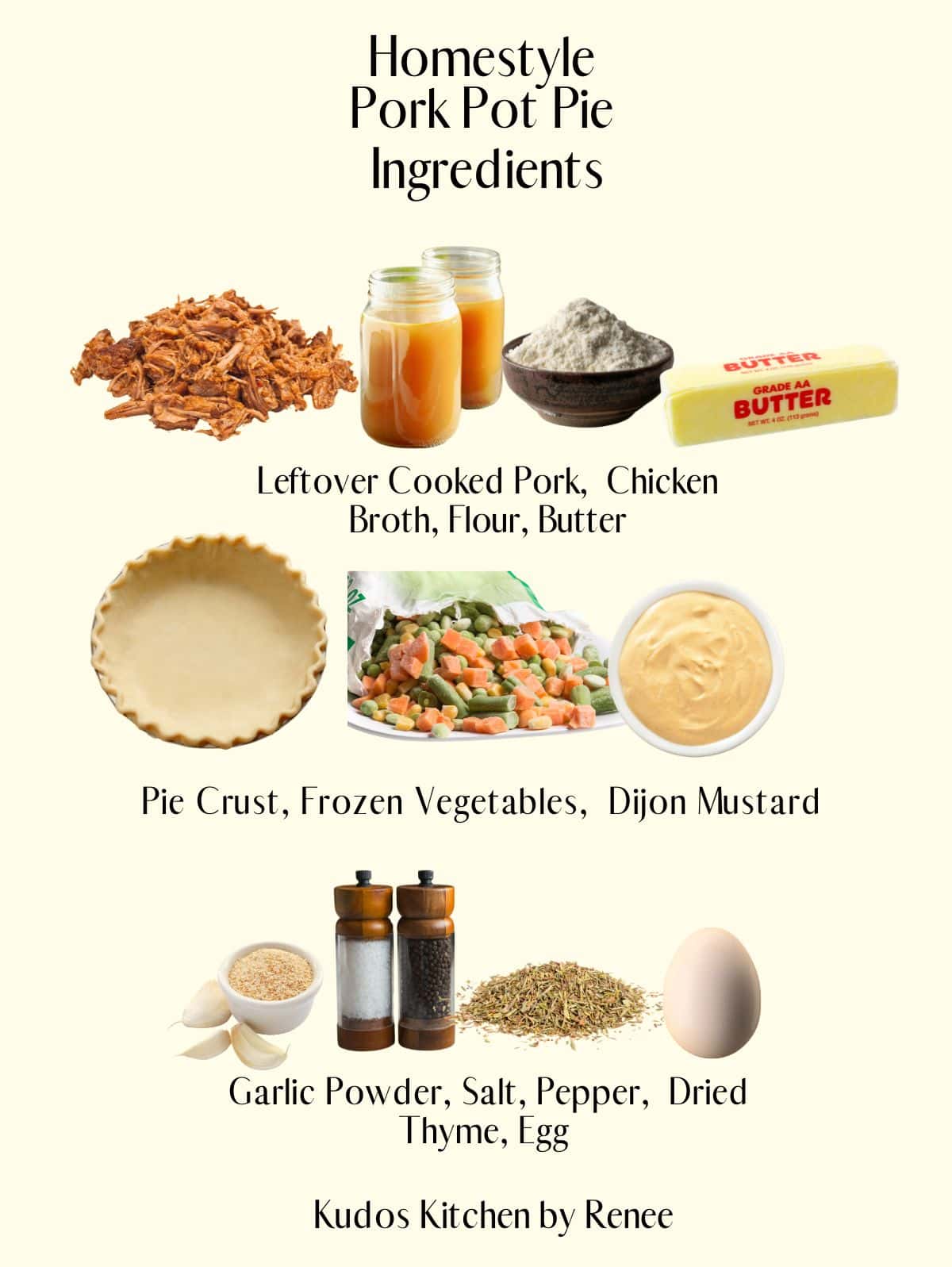 A visual ingredient list for making Homestyle Pork Pot Pie.