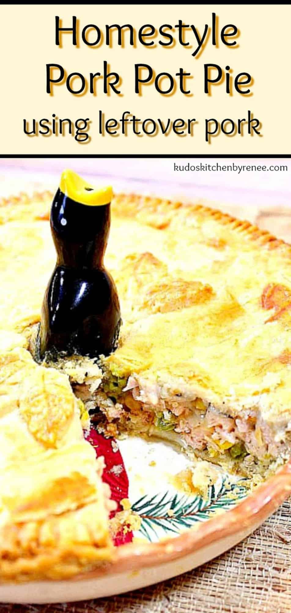 A Pinterest pin for Homestyle pork pot pie with a title text.