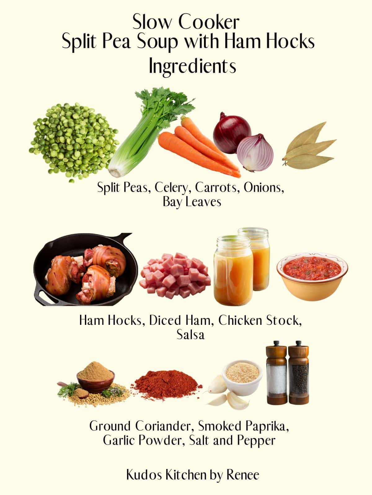 A visual ingredient list for making Slow Cooker Split Pea Soup with Ham Hocks.