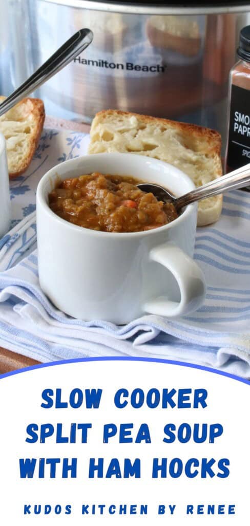 A Pinterest pin along with a title text graphic for Slow Cooker Split Pea Soup.