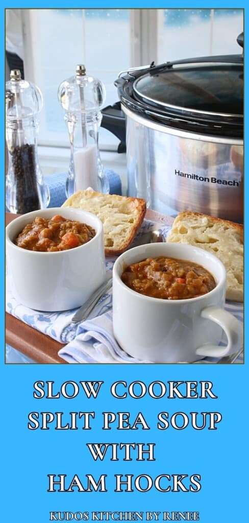 A Pinterest pin for Slow Cooker Split Pea Soup with Ham Hocks along with a title text.