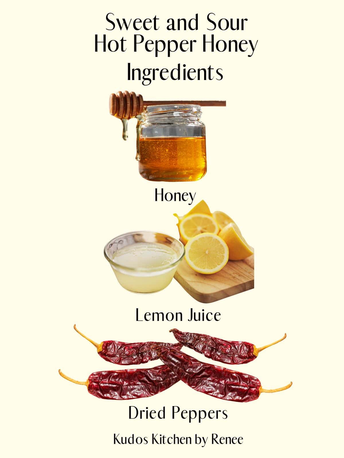 A visual ingredient list for making hot honey with lemon and peppers.