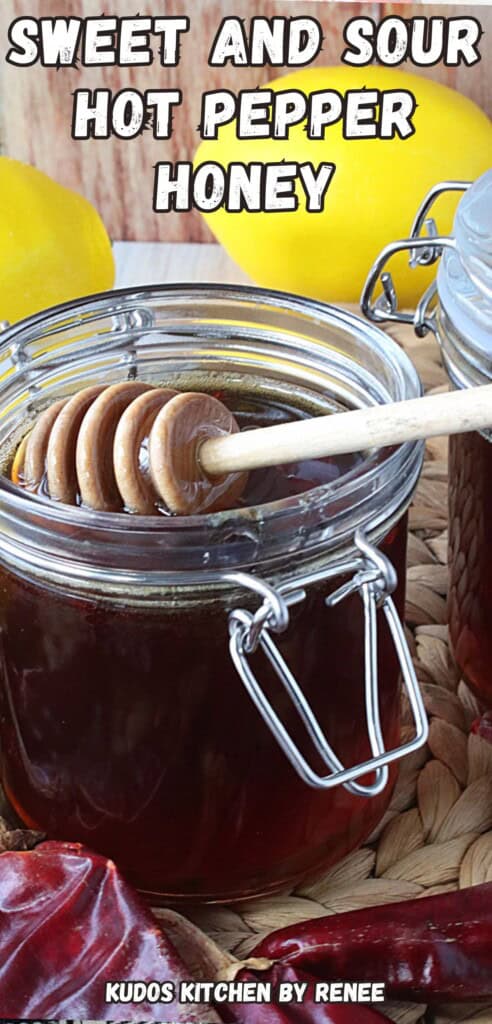 A Pinterest pin along with a title text for Sweet and Sour Hot Pepper Honey.