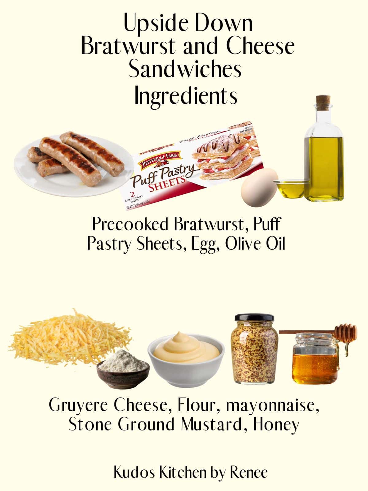 A visual ingredient list for making upside down bratwurst and cheese sandwiches.