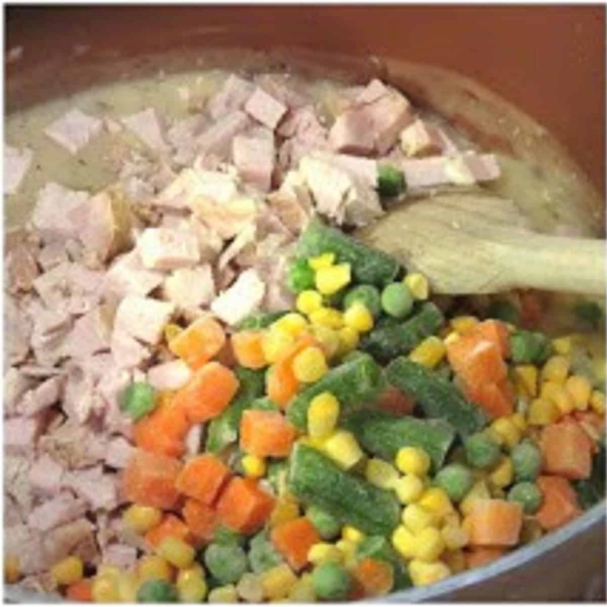Frozen vegetables, chopped pork and sauce in a pan.