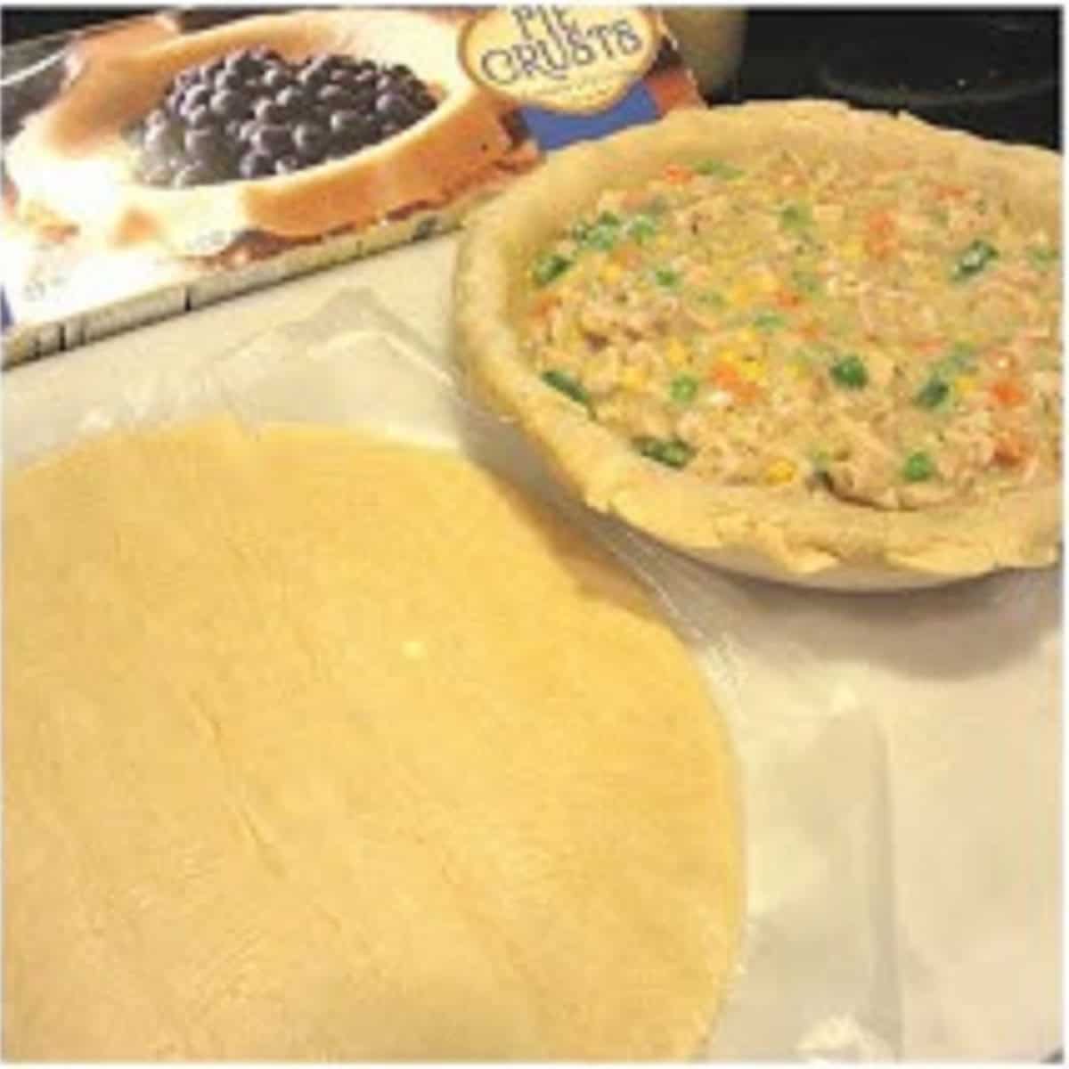 Two pie crusts and the filling for pork pot pie.