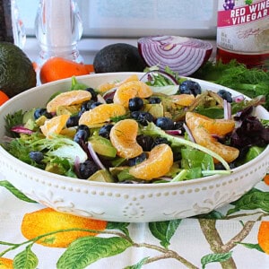 A pretty white salad bowl with a lettuce salad with oranges, avocado, blueberries and fennel inside.