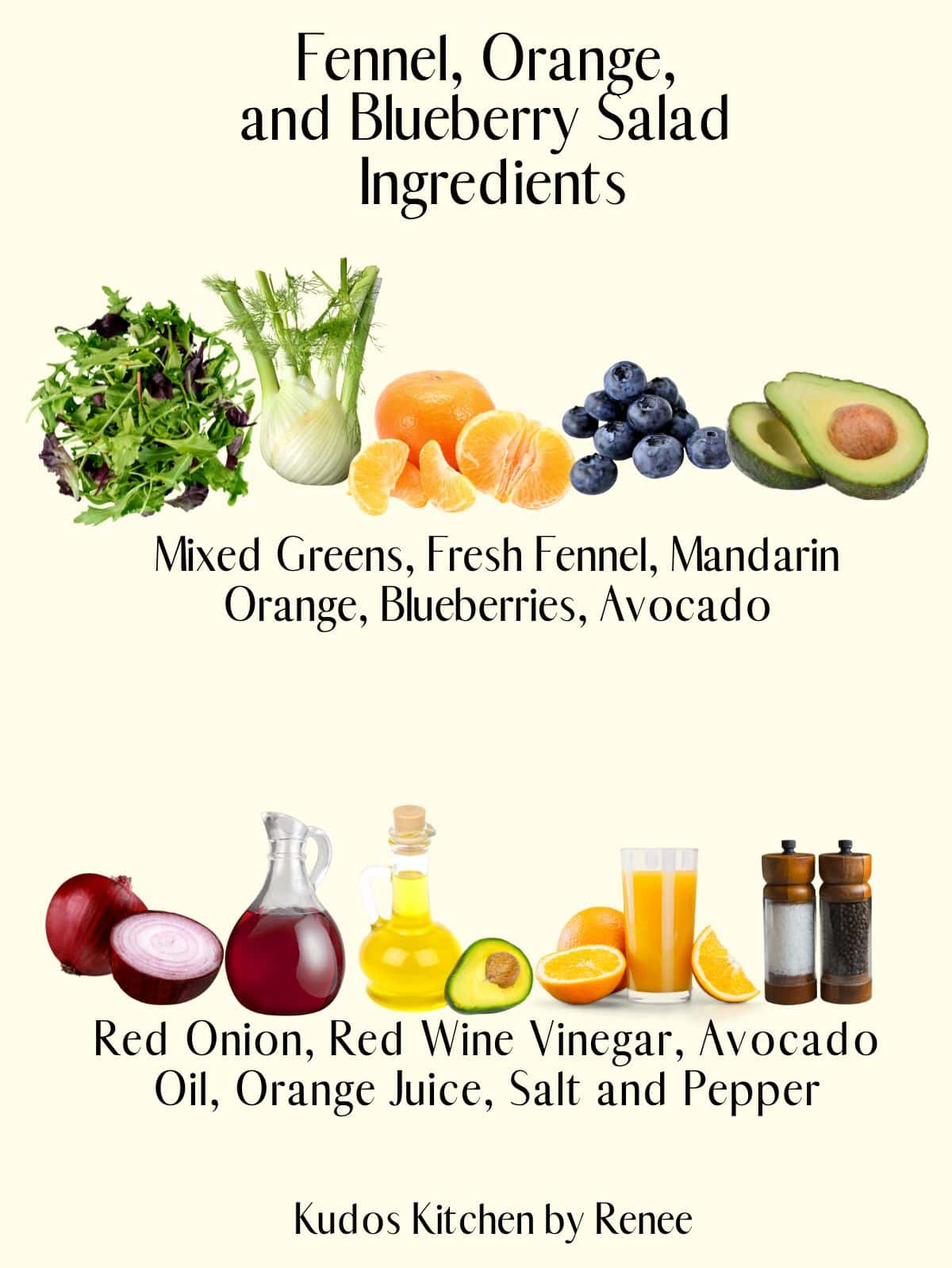 A visual ingredient list for making Fresh Fennel, Orange, and Blueberry Salad.