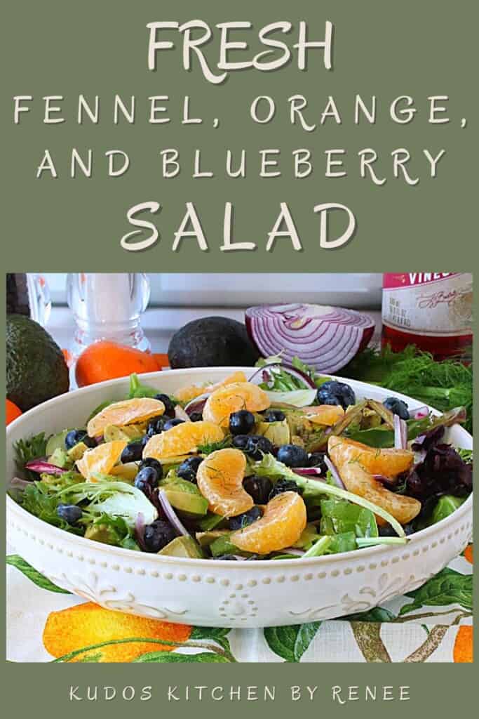 A Pinterest pin with a green background and a title text for a Fresh fennel salad.