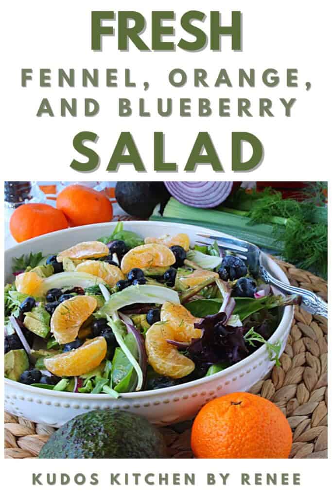A Pinterest pin for Fresh Fennel, orange, and blueberry salad along with a title text.