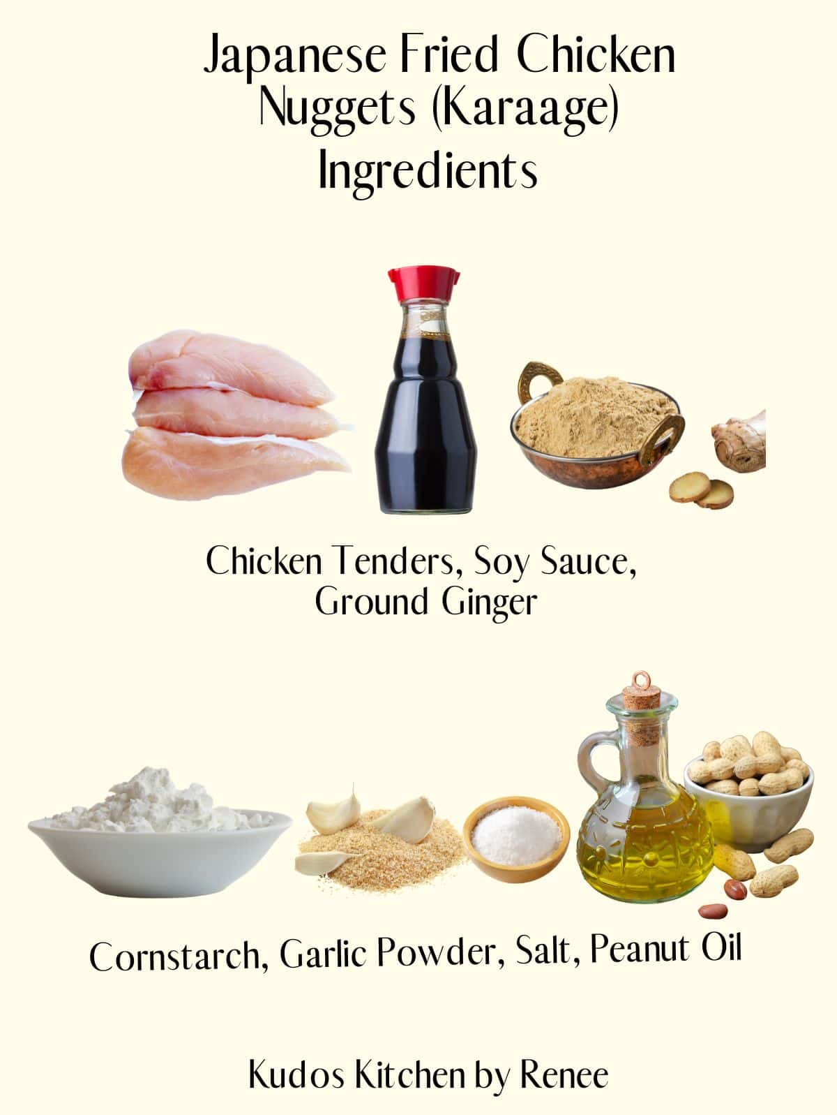 A visual ingredient list for making Japanese fried chicken.