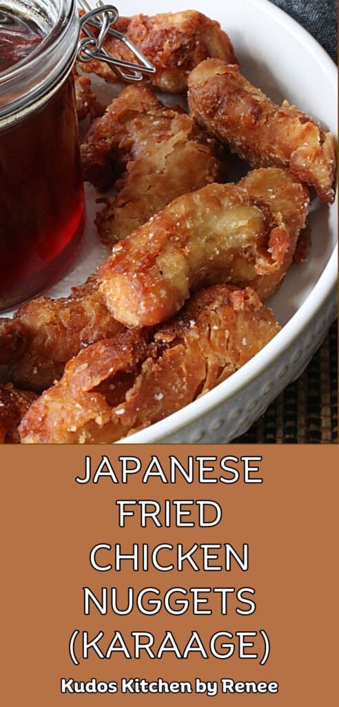 A Pinterest pin for Japanese Fried Chicken Nuggets along with a title text.