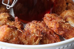 Delicious looking closeup of Japanese Fried Chicken Nuggets with cornstarch coating.