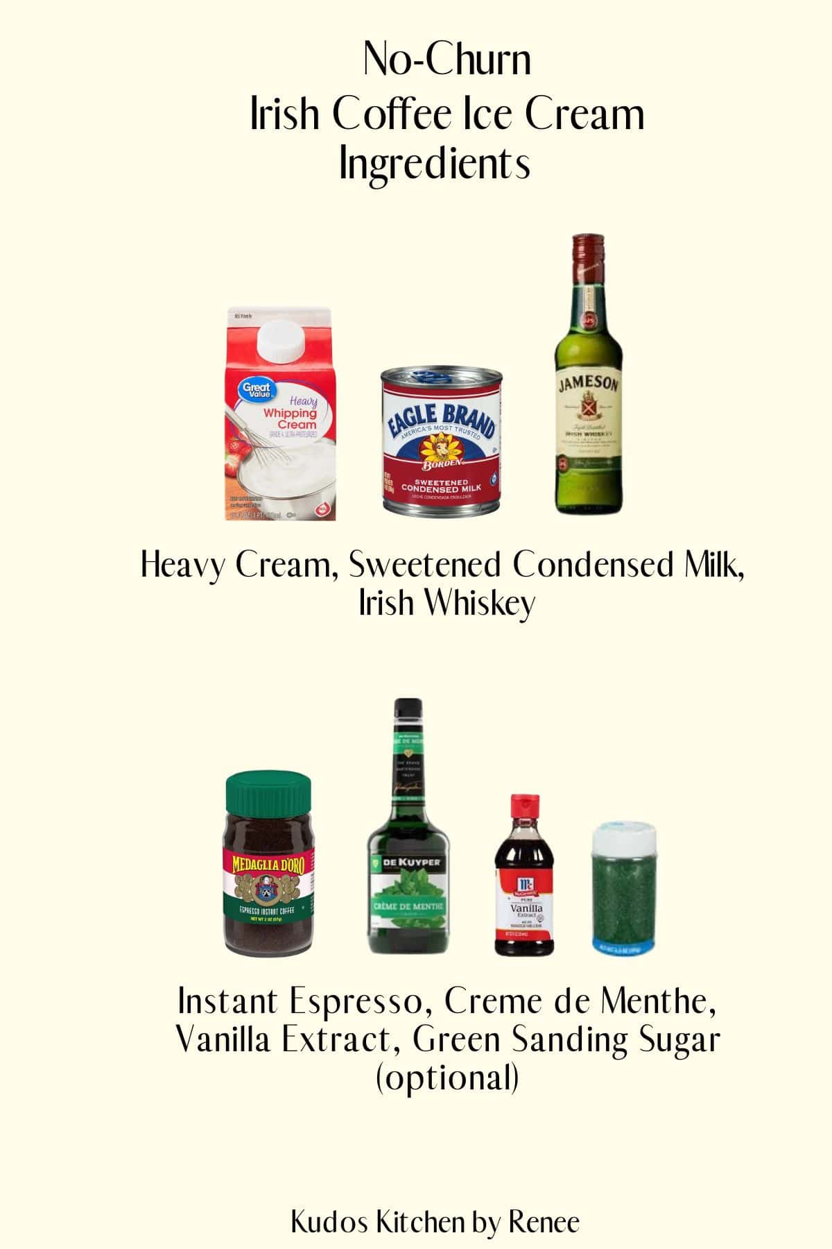 A visual ingredient list for making No-Churn Irish Coffee Ice Cream.