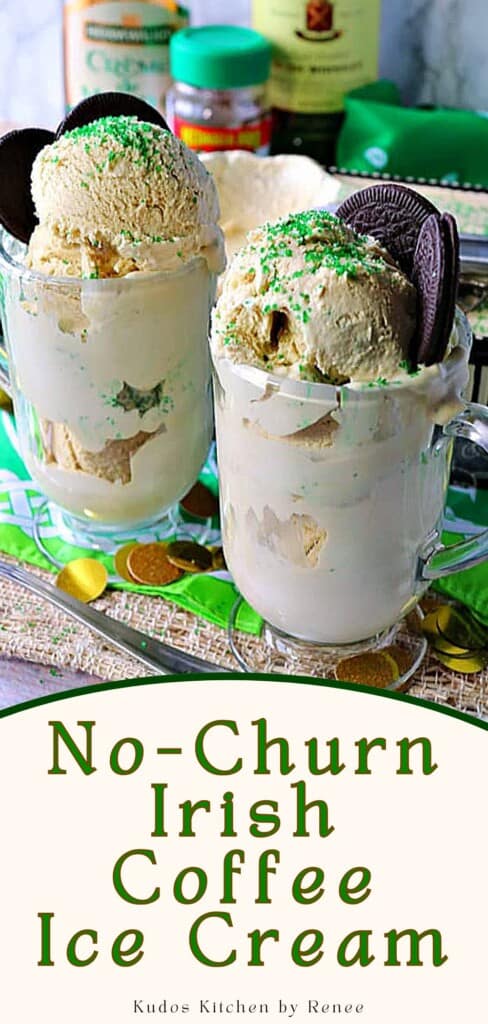 A Pinterest pin for No-churn Irish coffee ice cream along with a title text.