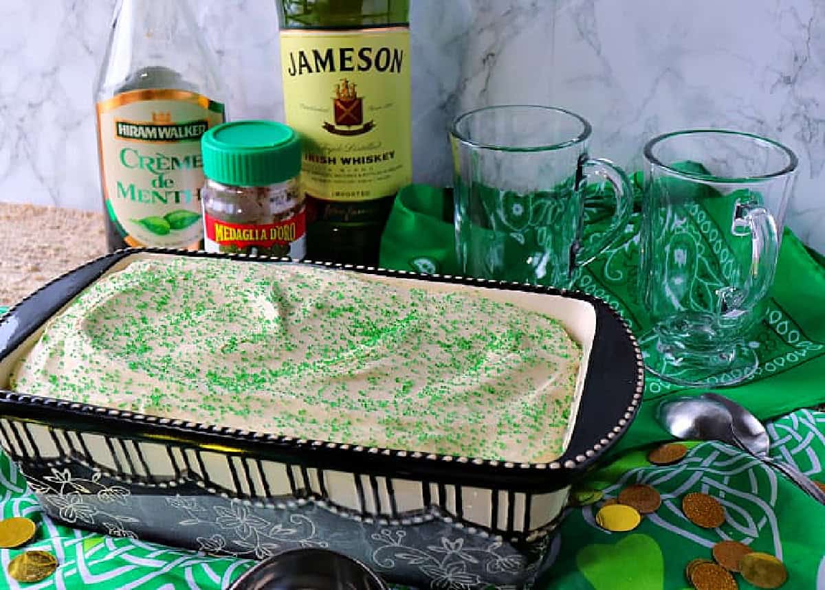 A ceramic loaf pan filled with Irish coffee ice cream.