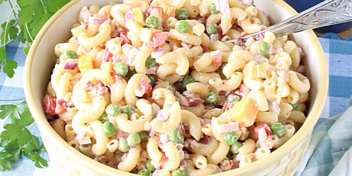 A bowl with macaroni salad along with a title text for BBQ sides.