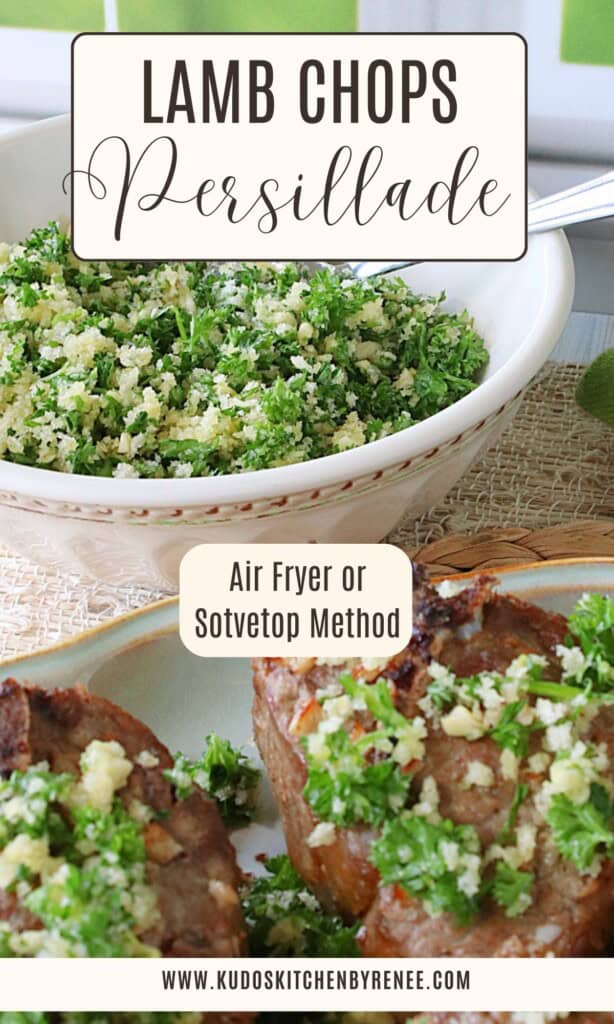 A Pinterest pin for Lamb Chops Persillade along with a title text.