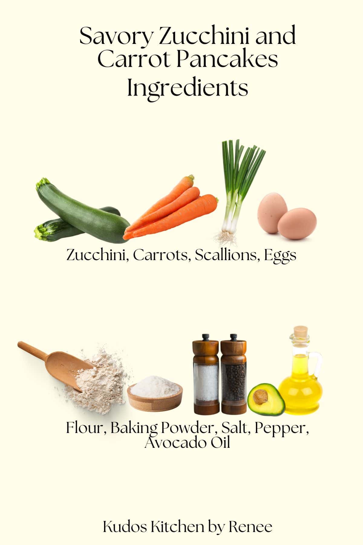 A visual ingredient list for making zucchini carrot fritters.