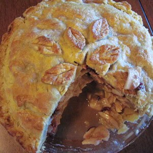 An apple pear pie with a large slice taken out.