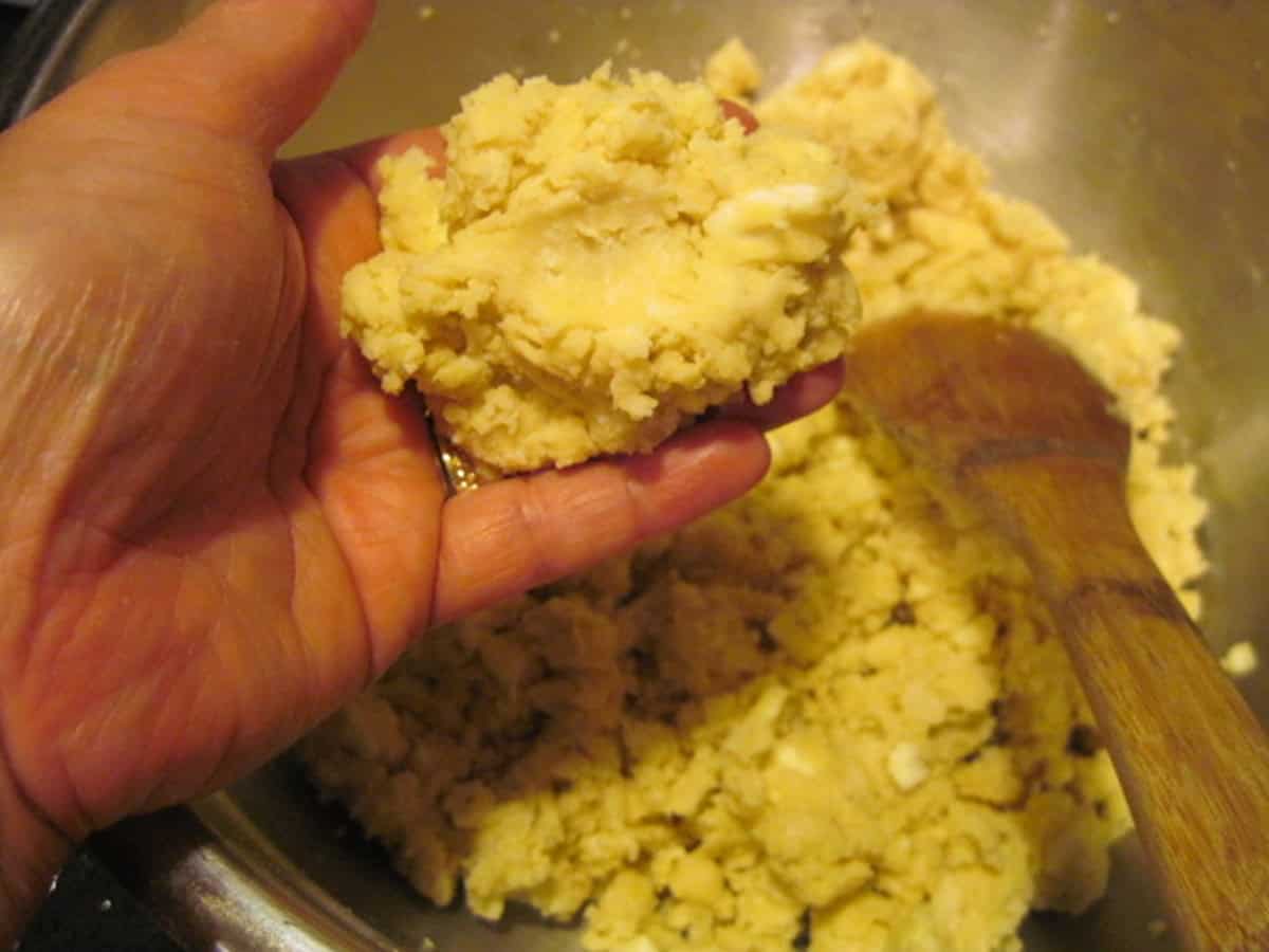 A hand holding some homemade pie crust dough.