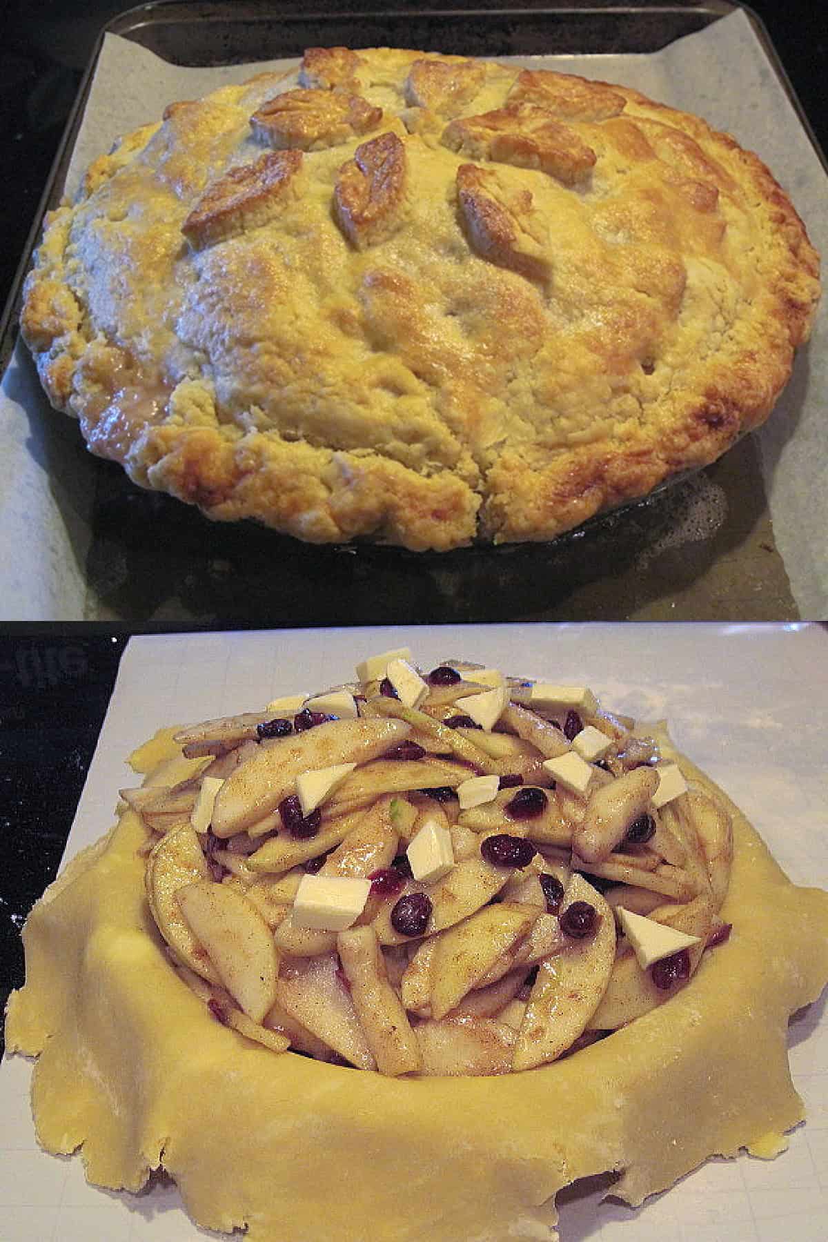 Two image collage of an Apple Pear Pie with Craisins. One after baking and one before baking.