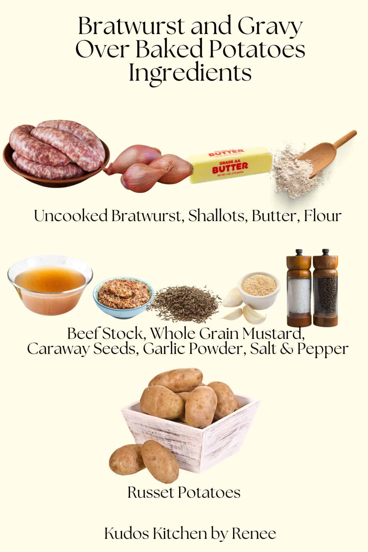 A visual ingredient list for making Bratwurst and Gravy Baked Potatoes.