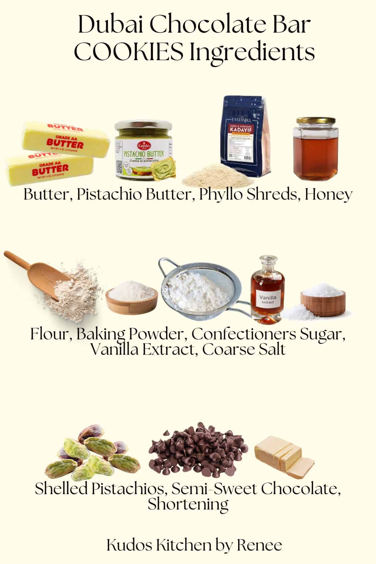A visual ingredient list for making Dubai chocolate bar cookies.