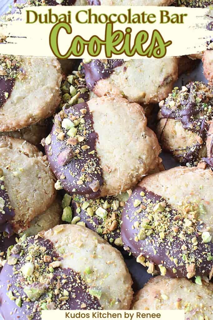 A Pinterest pin for Dubai Chocolate Bar Cookies with a title text.