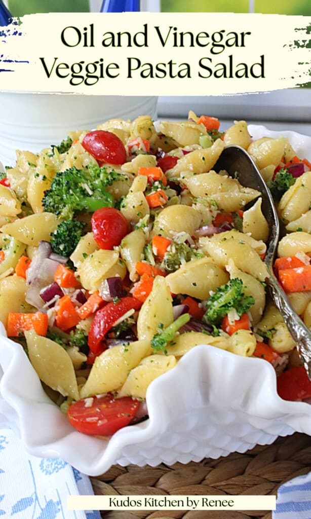 A Pinterest pin for Oil and Vinegar Veggie Pasta Salad along with a title text.