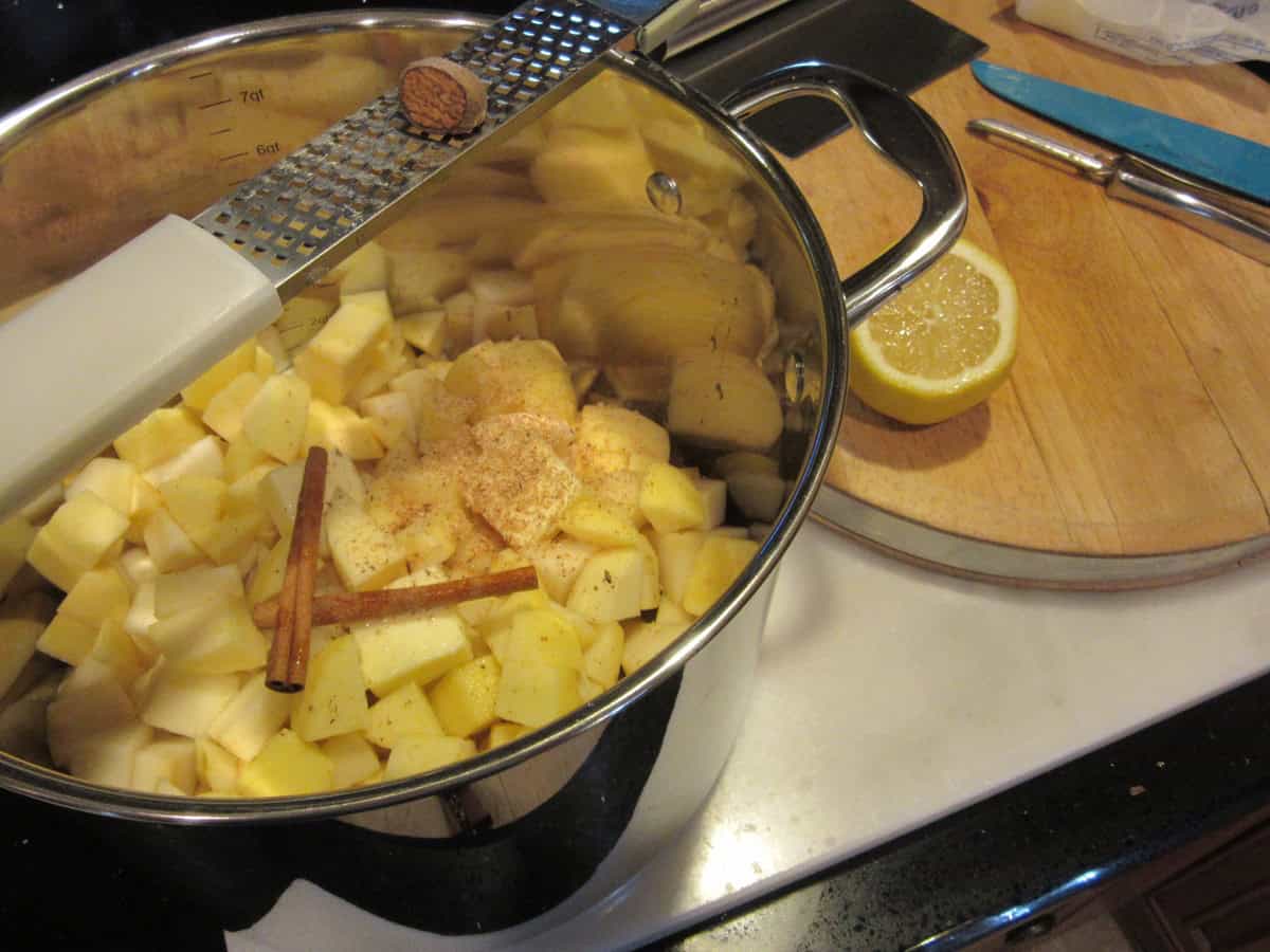 A pot filled with chopped apples and pears along with some grated fresh nutmeg.