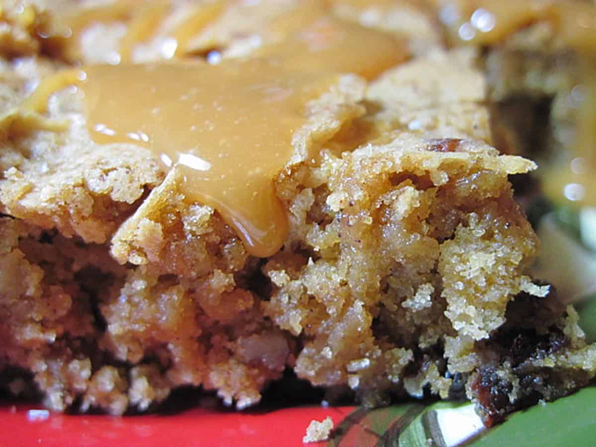 A tender crumb of the inside of an apple raisin cookie bar with a drip of caramel falling off the top.