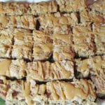 A bunch of Apple Raisin Caramel Cookie Bars on a platter drizzled with caramel and sprinkled with salt.