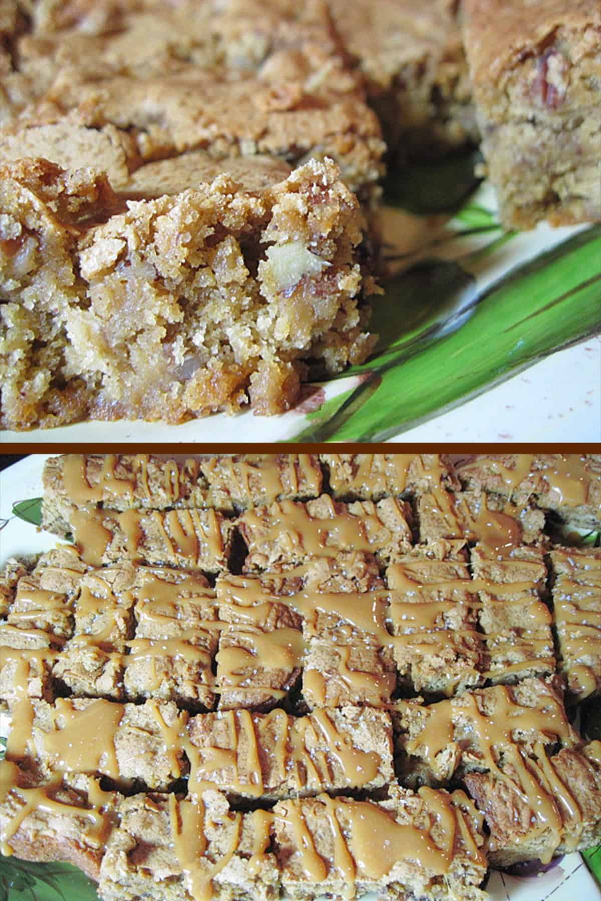 Two image collage for apple raisin cookie bars drizzled with caramel, and one showing nuts and raisins.