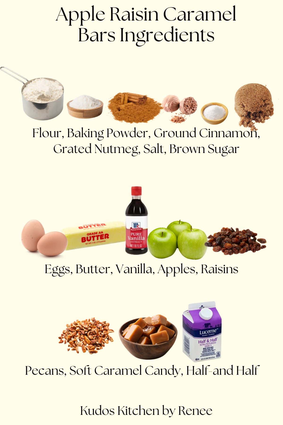A visual ingredient list for making Apple Raisin Caramel Cookie Bars.