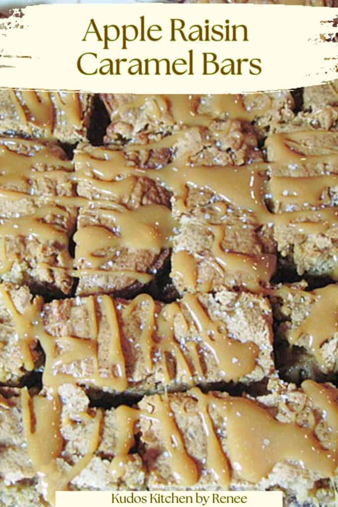 A Pinterest pin for Apple Raisin Caramel Cookies Bars along with a title text.