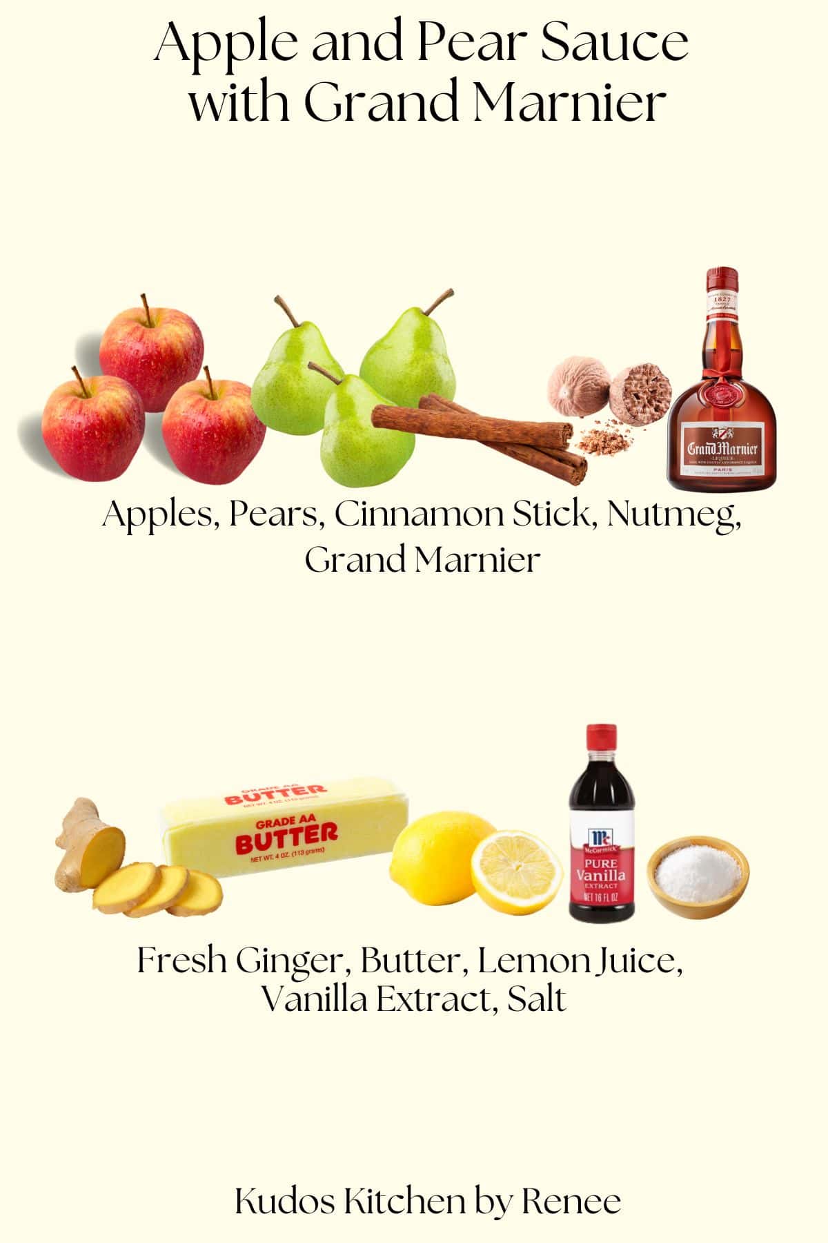 A visual ingredient list for making apple and pear sauce with grand Marnier.